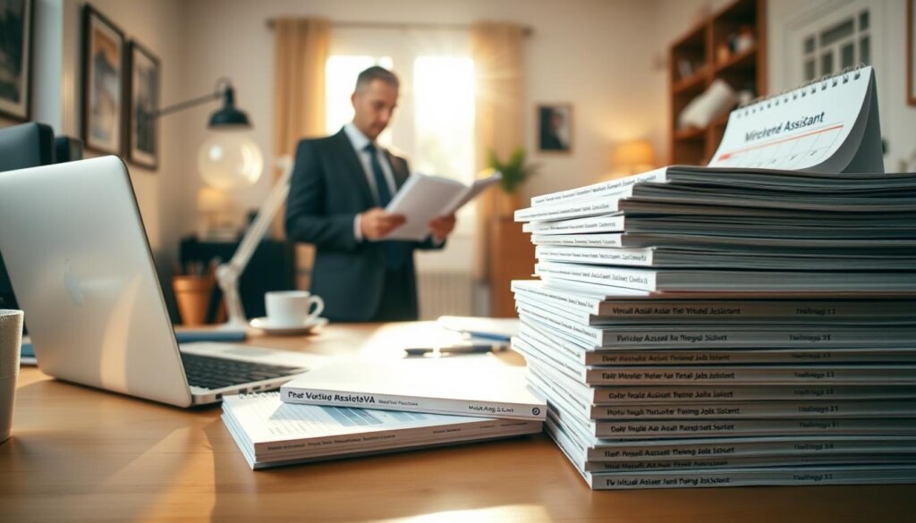 A sunlit home office setting with a laptop, calendar, and various office supplies arranged neatly on a wooden desk. In the foreground, a stack of virtual assistant job listings from the MyRemoteVA platform, showcasing diverse roles and skills. The middle ground features a person in a suit reviewing the listings, conveying a sense of professional consideration. The background depicts a cozy, minimalist interior with warm lighting, creating an atmosphere of productivity and focused decision-making.