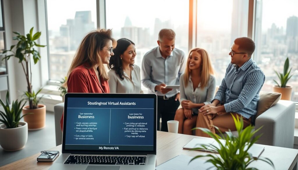 A sunlit office interior with a team of diverse virtual assistants from the "My Remote VA" agency collaborating on a project. In the foreground, a laptop displays a presentation on the strategic benefits of virtual assistant outsourcing for different business types, including cost savings, scalability, and access to specialized skills. In the middle ground, the assistants discuss ideas and share insights, their faces animated with enthusiasm. The background features modern furnishings, potted plants, and large windows overlooking a bustling city skyline, conveying a sense of productivity, innovation, and global connectivity. The overall mood is one of professionalism, efficiency, and the smooth integration of remote work.