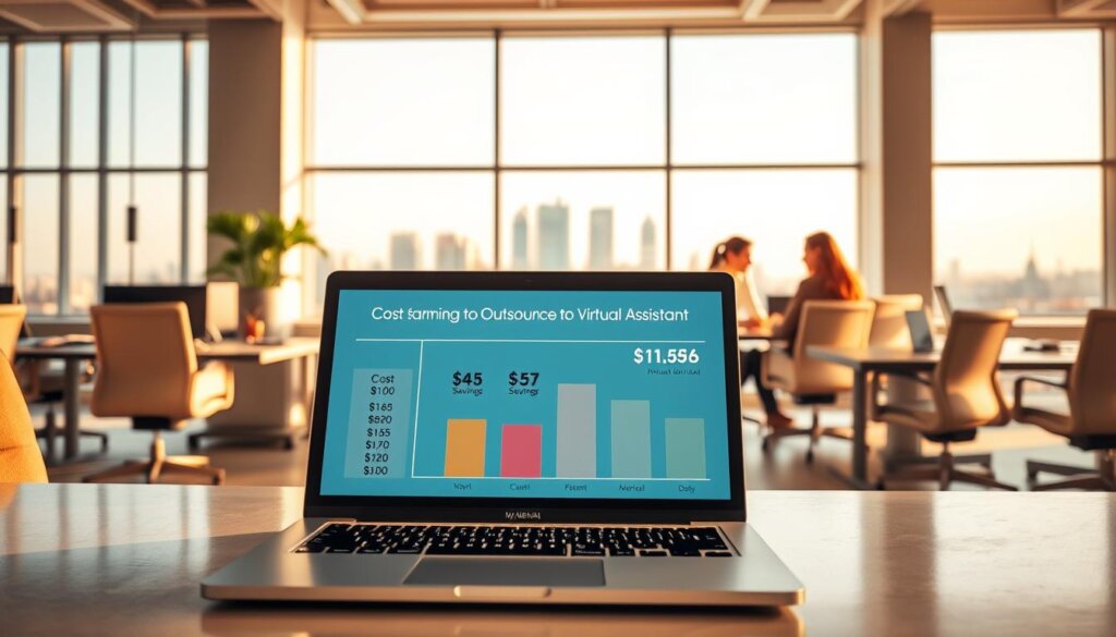 A sunlit office space with sleek desks and comfortable chairs, showcasing the financial advantages of outsourcing to virtual assistants. In the foreground, a laptop displays a detailed cost comparison, highlighting the cost savings achieved through the "My Remote VA" service. In the middle ground, a team of virtual assistants collaborates seamlessly, their productivity and efficiency evident. The background features a panoramic cityscape, conveying a sense of global connectivity and the scalability of the virtual assistant model. The lighting is warm and inviting, creating a professional yet dynamic atmosphere that captures the financial benefits of this outsourcing solution.