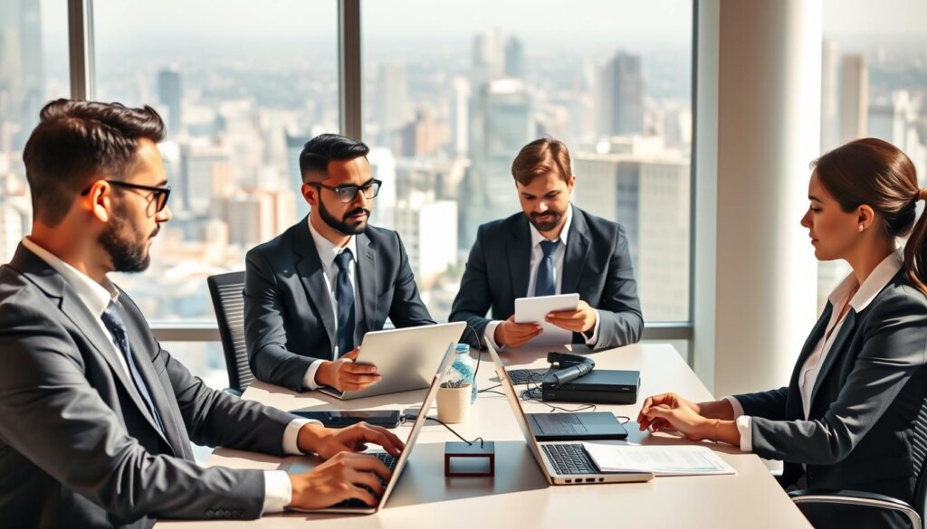 A team of polished, professional virtual assistants seated at their desks, working diligently on a variety of digital devices. They are dressed in smart business attire, exuding an air of efficiency and competence. In the foreground, a well-dressed executive is conversing with the team leader, who is providing a detailed report on the status of various tasks. The middle ground features the team members collaborating on projects, while the background showcases a modern, minimalist office space with large windows overlooking a vibrant cityscape. The lighting is warm and natural, creating a sense of productivity and focus. This is the MyRemoteVA virtual concierge support team, ready to streamline your busy professional life.