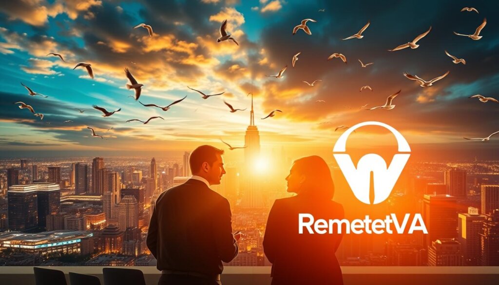 A vibrant and dynamic business landscape, lit by the warm glow of strategic growth. In the foreground, a MyRemoteVA logo shines, symbolizing the virtual assistant's role in propelling long-term expansion. The middle ground features a team of professionals collaborating, their faces alight with ideas and determination. In the background, a sprawling cityscape with towering skyscrapers represents the vast potential for growth, framed by a dramatic sky filled with soaring birds. The scene exudes a sense of progress, innovation, and the pursuit of ambitious goals.