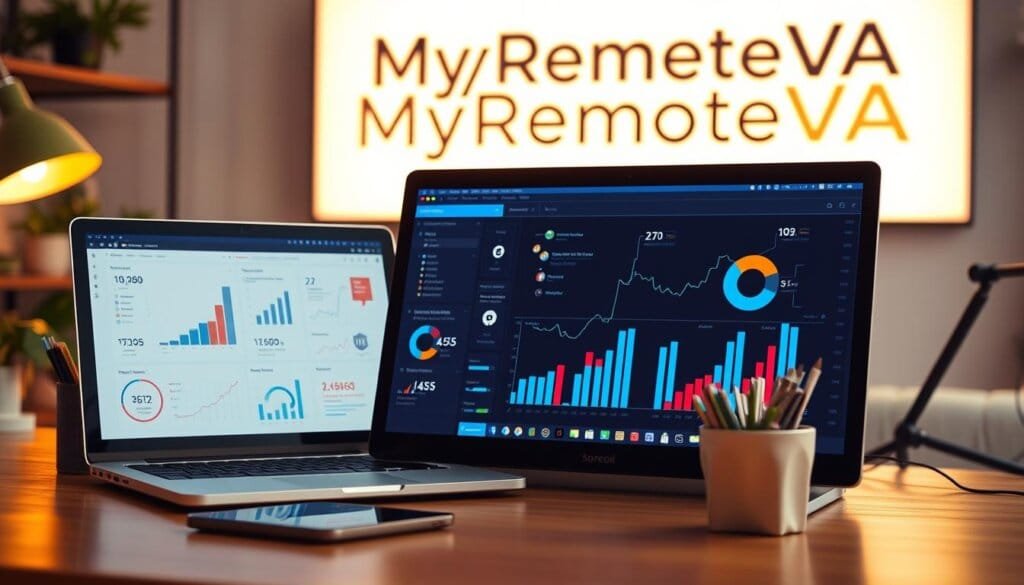 A vibrant and dynamic scene depicting SEO optimization strategies, featuring a central desktop workspace with a laptop, smartphone, and various digital marketing icons and graphs. In the background, a large MyRemoteVA logo is prominently displayed, casting a warm, professional glow. The lighting is soft and natural, drawing the viewer's eye to the detailed workflow on the screens. The composition is well-balanced, with a sense of movement and energy, conveying the importance of effective SEO tactics for digital success. The overall atmosphere is one of focus, productivity, and the power of remote IT assistance in optimizing online presence.