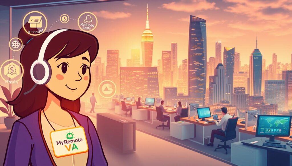 A vibrant, detailed illustration of the key benefits of outsourcing to virtual assistants. In the foreground, a stylized character wearing a headset and badge with the "My Remote VA" logo represents the virtual assistant, surrounded by glowing icons symbolizing increased productivity, reduced costs, and improved work-life balance. In the middle ground, a bustling office scene with remote workers collaborating seamlessly across devices and locations. In the background, a city skyline with futuristic architecture bathed in warm, golden lighting, conveying a sense of progress and innovation. The overall scene should exude a professional, modern, and inspiring atmosphere that effectively communicates the advantages of leveraging virtual assistant services.