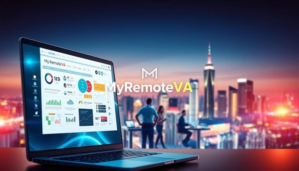 A vibrant digital landscape showcasing the power of MyRemoteVA's marketing strategies. In the foreground, a dynamic web interface with sleek UI elements, engaging infographics, and a prominent MyRemoteVA logo. The middle ground features a team of virtual assistants collaborating on search engine optimization, social media campaigns, and web analytics. The background is a city skyline, symbolizing the global reach and scalability of these digital marketing solutions. Warm lighting casts a professional glow, while the composition draws the viewer's eye towards the central MyRemoteVA branding. This image captures the essence of enhancing digital marketing and web development projects through the innovative services of MyRemoteVA.