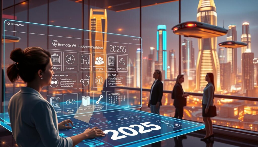A vibrant, futuristic scene depicting the virtual assistant services of "My Remote VA" in the year 2025. In the foreground, a sleek, holographic interface showcases a range of customizable AI-powered capabilities, from scheduling and task management to language translation and data analysis. In the middle ground, lifelike avatars of virtual assistants interact with human clients, their movements fluid and natural. The background features a cityscape of gleaming skyscrapers and hover-vehicles, all bathed in a warm, futuristic glow from strategically placed lighting. The overall mood is one of efficiency, innovation, and a seamless integration of human and artificial intelligence.