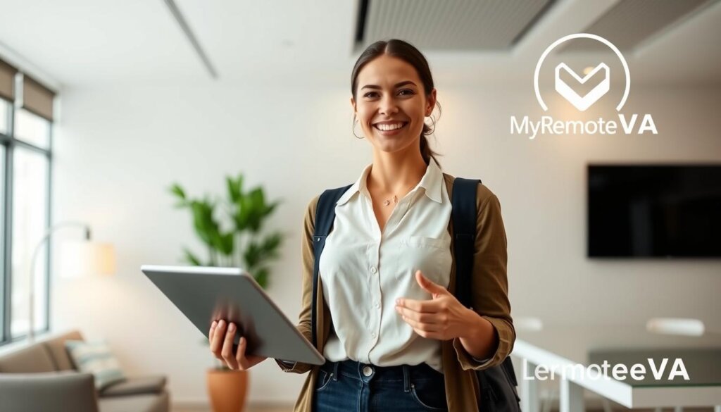 A virtual assistant standing at the intersection of the digital and the human, balancing a tablet in one hand and offering a warm handshake with the other. The assistant's face conveys a friendly, approachable demeanor, their attire a blend of professional and casual. The background features a sleek, minimalist office setting, with clean lines and a neutral color palette. Soft, diffused lighting illuminates the scene, creating a sense of balance and harmony. The MyRemoteVA logo is subtly integrated into the scene, complementing the overall aesthetic. This image captures the essence of blending digital efficiency with a human touch, reflecting the core values of the virtual assistant service.