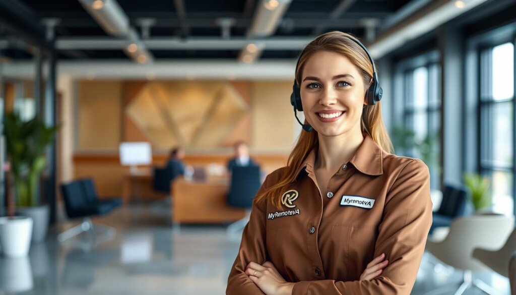 A virtual customer service assistant with a warm, friendly demeanor, standing in a modern office setting with sleek furnishings and natural lighting. The assistant wears a professional outfit and has a calm, attentive expression, ready to assist customers with their inquiries. The MyRemoteVA logo is subtly displayed on the assistant's uniform, conveying a sense of reliability and expertise. The scene evokes a streamlined, automated approach to customer service, reflecting the section title "Transforming Your Online Presence with Automation".