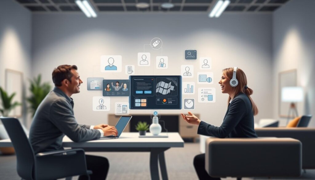 A virtual office scene depicting communication strategies between a human and "My Remote VA" - a personified AI assistant. In the foreground, the human and VA engage in a lively discussion, their facial expressions and body language conveying a sense of collaboration and problem-solving. The middle ground showcases various digital tools and interfaces they use to streamline their workflow, such as video conferencing, task management, and file sharing applications. The background features a minimalist, well-lit workspace with sleek, modern furnishings, evoking a high-tech, professional atmosphere. The lighting is soft and diffused, creating a harmonious, productive ambiance. Rendered in a photorealistic style with a subtle depth of field, the image effectively captures the benefits of virtual assistant partnerships. Prompt