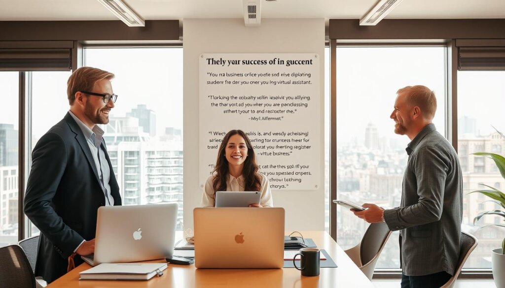 A warm, inviting office space with floor-to-ceiling windows, allowing natural light to flood the room. In the foreground, three people - a business owner, a virtual assistant, and a client - engaged in a lively discussion, smiles on their faces. Subtle details like a laptop, a tablet, and a well-organized desk suggest a productive, collaborative environment. The middle ground features a wall display showcasing testimonials and success stories from MyRemoteVA clients, their words conveying the value and impact of the virtual assistant services. In the background, a cityscape visible through the windows, hinting at the broader context of thriving businesses. The overall mood is one of optimism, professionalism, and a shared sense of achievement.