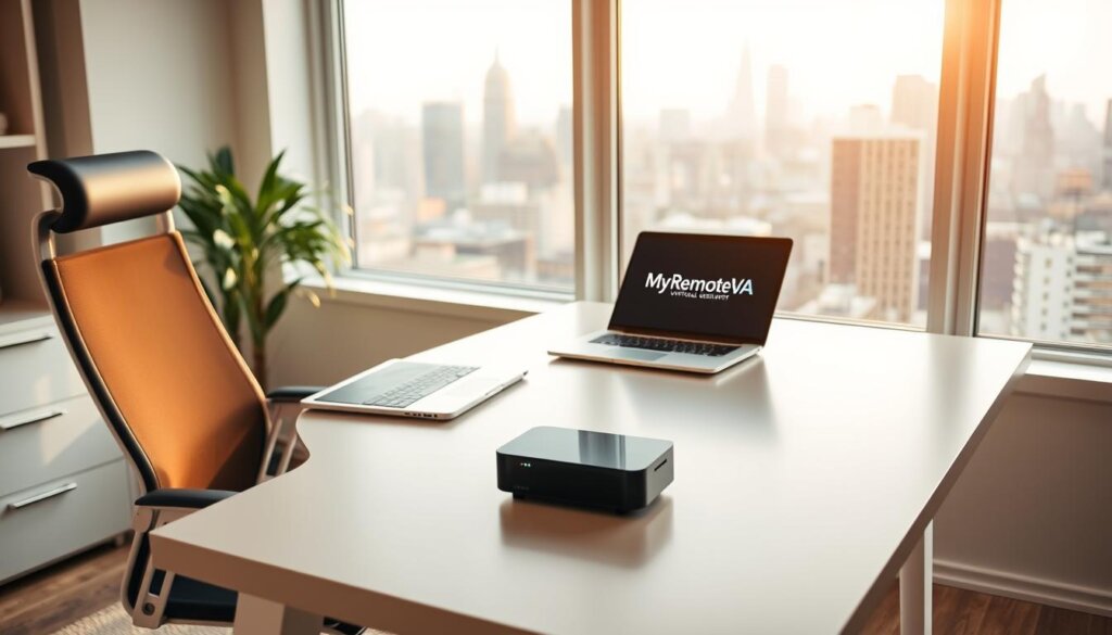 A well-appointed home office with a sleek, minimalist desk and ergonomic chair. On the desk, a high-end laptop and a digital tablet, both displaying the MyRemoteVA logo. A discreet yet sophisticated virtual assistant device sits nearby, its status lights glowing softly. The room is bathed in warm, natural light from large windows, creating a calming, productive atmosphere. In the background, a cityscape can be seen through the windows, symbolizing the virtual concierge's ability to seamlessly manage one's personal and professional life from anywhere.