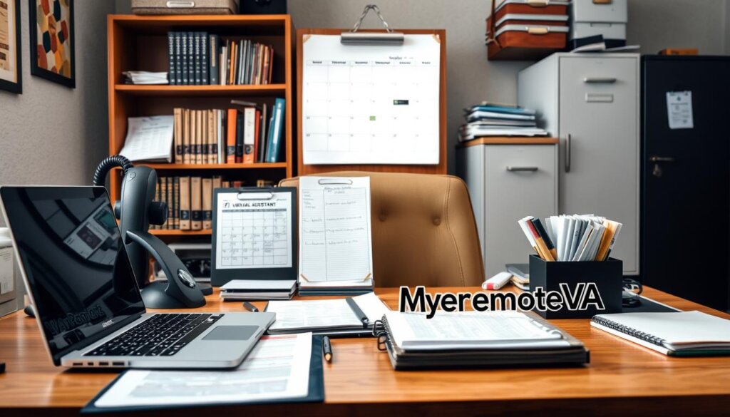 A well-lit, detailed desk scene showcasing the various responsibilities of a virtual assistant. In the foreground, a desk with a laptop, phone, planner, and other office supplies, representing administrative duties. In the middle ground, a calendar, to-do list, and video conferencing setup, symbolizing scheduling and communication tasks. In the background, a bookshelf with reference materials and a filing cabinet, conveying organizational and research responsibilities. The overall mood is focused and productive, with the MyRemoteVA brand name prominently displayed on the desk accessories.