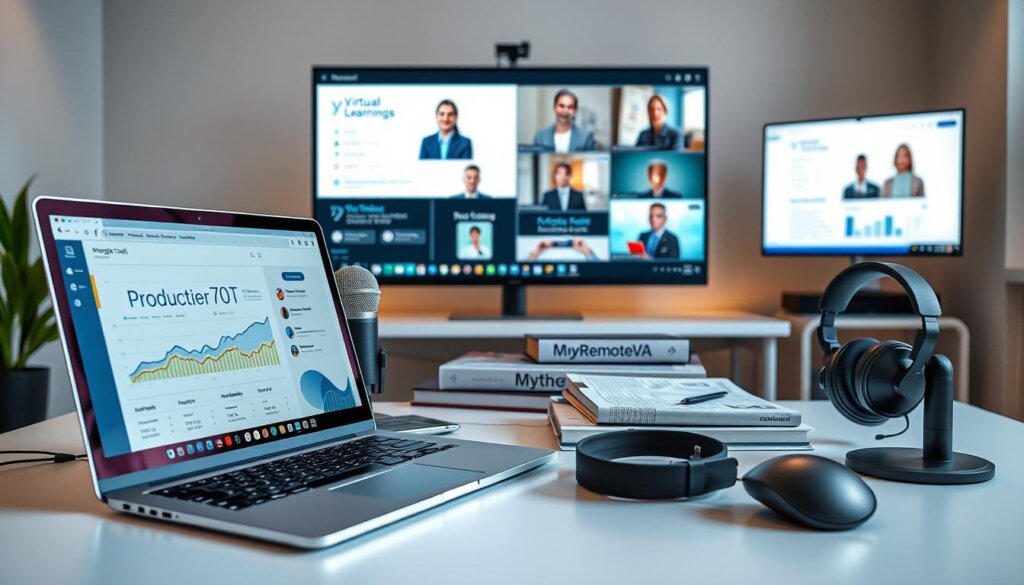 A well-lit, high-resolution image of a modern office setting showcasing various tools and resources for enhancing the skills of a virtual assistant. In the foreground, a sleek laptop displays a dashboard with productivity analytics and performance tracking. Nearby, a high-quality microphone, noise-cancelling headphones, and a tactile keyboard sit neatly arranged. In the middle ground, books and digital learning materials, including the "MyRemoteVA" branding, are displayed on a minimalist desk. The background features a large monitor displaying virtual training modules and video conferencing software, creating an atmosphere of constant skill development and professional growth.