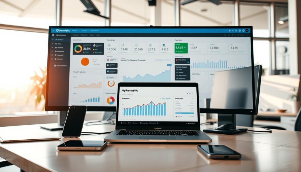 A well-lit, modern office workspace with a large desk showcasing an array of digital analytics tools. On the desk, a sleek laptop displays a detailed performance dashboard for the website "MyRemoteVA". Surrounding the laptop are various devices like a tablet, smartphone, and external monitor, all providing real-time insights and metrics. The background features floor-to-ceiling windows, allowing natural light to stream in and create a bright, airy atmosphere. The overall scene conveys a sense of efficiency, control, and a data-driven approach to website optimization.