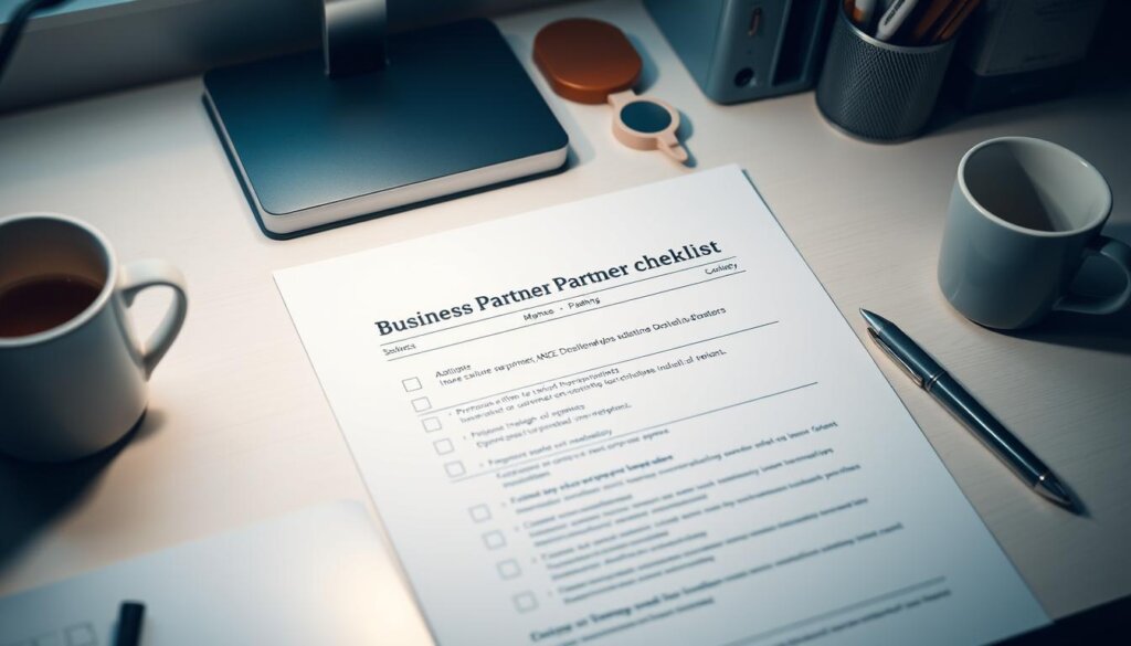 A well-lit office desk with a neatly organized business partner evaluation checklist, featuring the "MyRemoteVA" brand prominently displayed. The checklist is presented on a clean white background, with a professional typeface and clear section headings. Subtle office accessories, such as a pen and a coffee mug, provide a sense of context, while the lighting creates a warm, inviting atmosphere. The overall composition conveys a sense of efficiency, attention to detail, and the importance of carefully evaluating potential business partners.