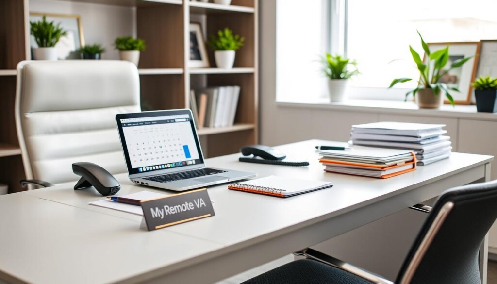 A well-lit office scene with a sleek, contemporary desk and chair. On the desk, various items representing common virtual assistant tasks: a laptop displaying a calendar, a phone, a notebook and pen, and a stack of documents. In the background, shelves with a few potted plants and framed artwork. A "My Remote VA" logo is prominently displayed on a small plaque on the desk. The overall scene conveys efficiency, organization, and the versatility of virtual assistant services.