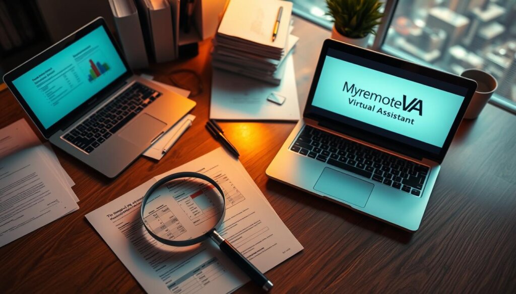 An elegantly composed overhead view of a desktop workspace, showcasing various documents, reports, and a laptop displaying the MyRemoteVA logo. Warm, directional lighting illuminates the scene, creating a professional and focused atmosphere. The foreground features a magnifying glass and a pen, symbolizing the process of evaluating and assessing virtual assistant companies. The middle ground includes neatly stacked folders and a tablet displaying comparative data. The background subtly incorporates office supplies and a blurred cityscape, hinting at the broader business context. The overall impression conveys an analytical, decision-making scenario centered around selecting the optimal virtual assistant solution for the business.