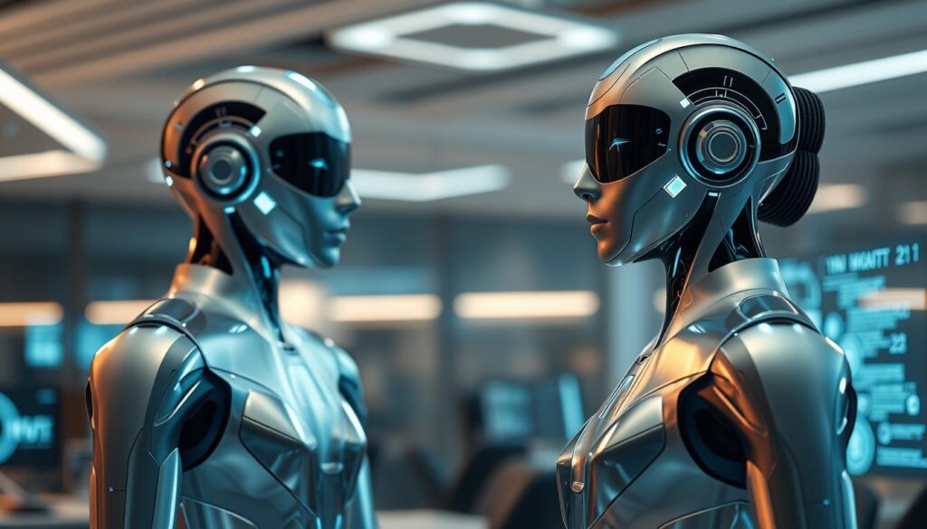 Detailed rendering of AI-enhanced virtual assistants of the future, showcasing the capabilities of "My Remote VA" - sleek humanoid-like figures in a futuristic office setting. Soft metallic tones, holographic displays, and subtle ambient lighting create an atmosphere of advanced technology. The assistants stand poised, anticipating and responding to human commands with lightning-fast precision. Depth of field emphasizes the focal point, drawing the viewer's attention to the seamless integration of man and machine. A glimpse into the imminent evolution of virtual assistance, enabling unprecedented productivity and efficiency.