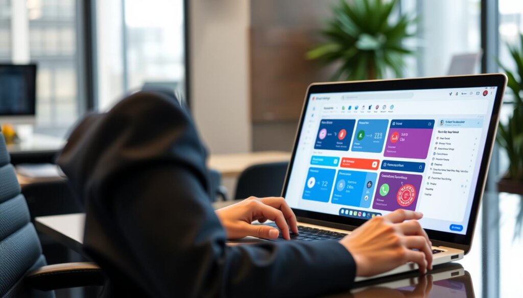 Generate an image representing Virtual Assistant Concierge Services in action, such as a professional working on a laptop with a virtual assistant dashboard on the screen.