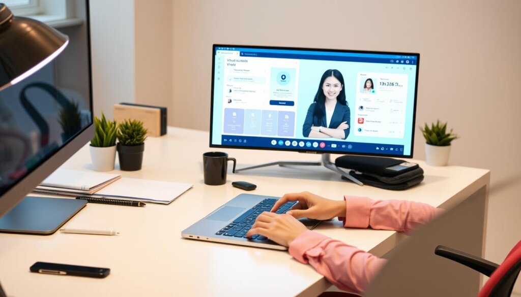 Image generation prompt for MyRemoteVA virtual assistant services: A professional sitting at a desk with a laptop, surrounded by minimal clutter, with a virtual assistant interface on the screen.