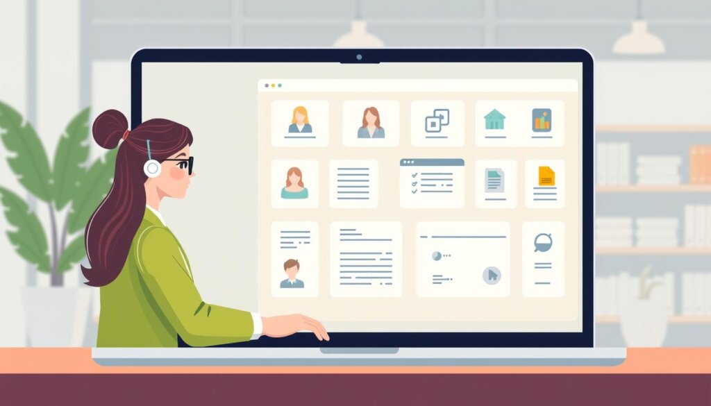 Image of a virtual concierge working on a laptop with various administrative tasks organized on the screen.