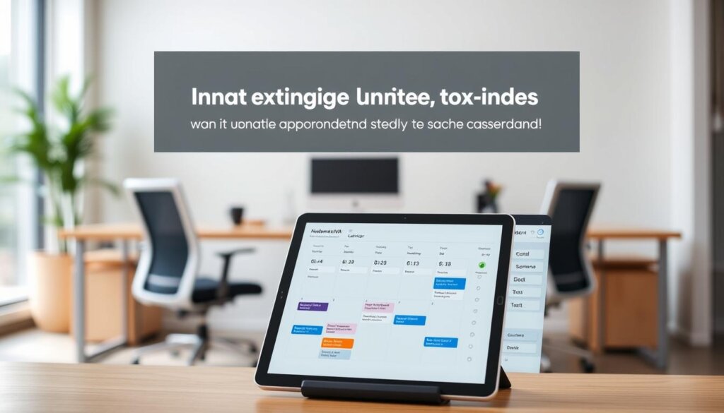 Innovative calendar tools for a modern virtual assistant, featuring a sleek digital dashboard with customizable widgets and seamless scheduling functionality. The scene depicts a well-lit office setting, with a clean and minimalist aesthetic. In the foreground, a MyRemoteVA-branded tablet display showcases a sophisticated calendar interface, allowing intuitive management of appointments, deadlines, and task reminders. The middle ground features a desktop workstation with a large monitor, highlighting the integration of virtual assistant capabilities. The background depicts a neutral, yet professional environment, conveying a sense of productivity and efficiency. The overall mood is one of technological sophistication and organizational prowess.
