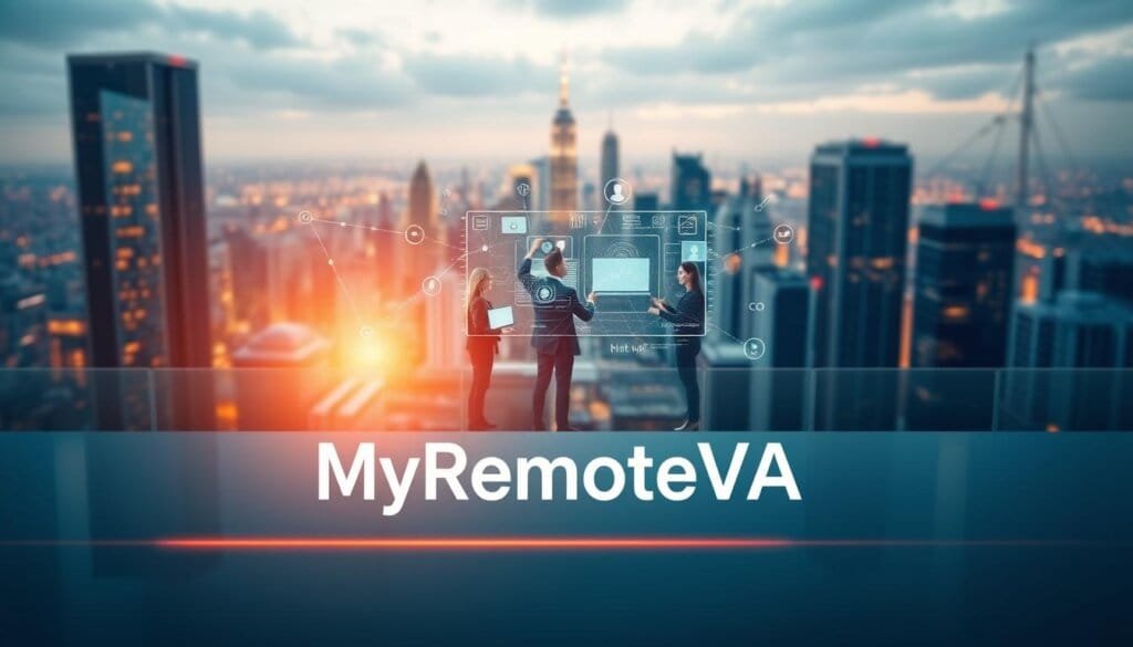 Prompt A dynamic and scalable business landscape, with the MyRemoteVA logo prominently displayed in the foreground. In the middle ground, a team of remote IT professionals collaborating seamlessly, their actions reflected in a stylized, futuristic interface. The background showcases a cityscape bathed in warm, golden light, symbolizing the growth and prosperity enabled by expert IT support. The overall composition conveys a sense of technology-driven expansion, efficiency, and limitless potential.