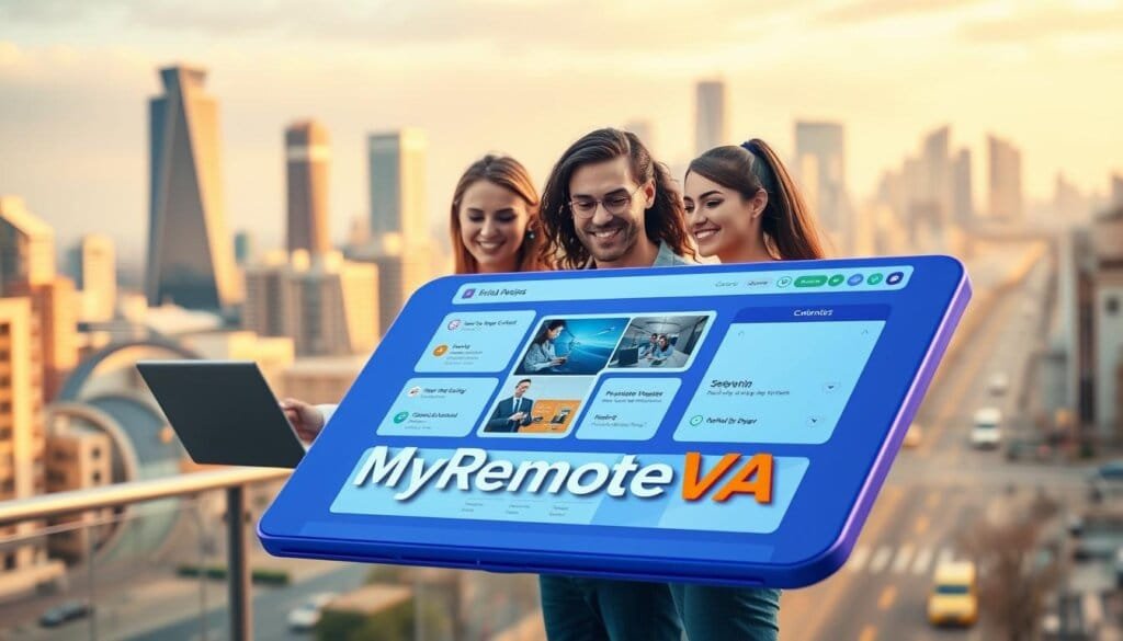 Vibrant and flexible virtual assistant plans, showcasing the MyRemoteVA brand. In the foreground, a dynamic 3D interface with customizable modules and widgets, reflecting the versatility of the service. The middle ground depicts a team of remote professionals collaborating seamlessly, their faces and expressions conveying productivity and efficiency. The background features a cityscape with skyscrapers and bustling streets, symbolizing the global scale and reach of the virtual assistant solutions. Warm lighting, a shallow depth of field, and a slightly futuristic aesthetic create an inviting and aspirational atmosphere.