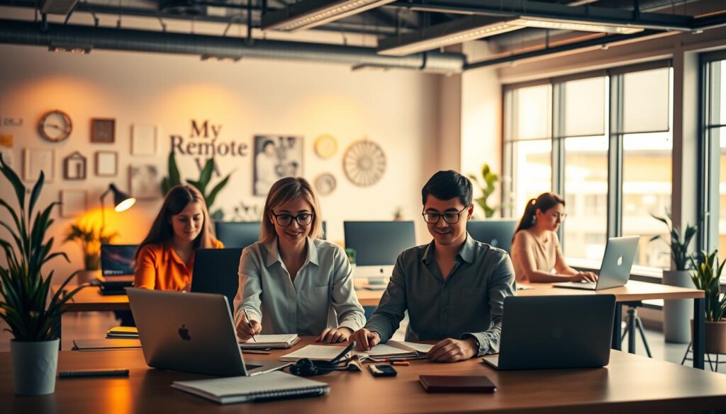 Vibrant virtual workspace with a team of skilled remote assistants, each engaged in a variety of tasks - from data entry to client communications, all under the banner of "MyRemoteVA". Warm, mid-toned lighting illuminates the scene, creating a sense of productivity and professionalism. The foreground features a central desk with a laptop, notebook, and office supplies, while the background showcases a modern, minimalist office environment with potted plants, geometric wall decor, and large windows providing natural light. The mood is one of efficiency, collaboration, and the benefits of remote work for virtual assistants.