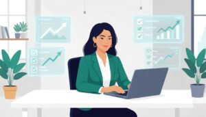 A confident professional woman sitting at a modern minimalist desk, surrounded by soft holographic AI interface panels showing graphs trending upward and task checkboxes. She's working on a laptop while multiple tasks complete themselves around her digitally. The aesthetic is clean, tech-forward, slightly futuristic but warm — think teal and navy accents on white. Background shows a small business setting. Style: editorial flat illustration, high resolution, no text.