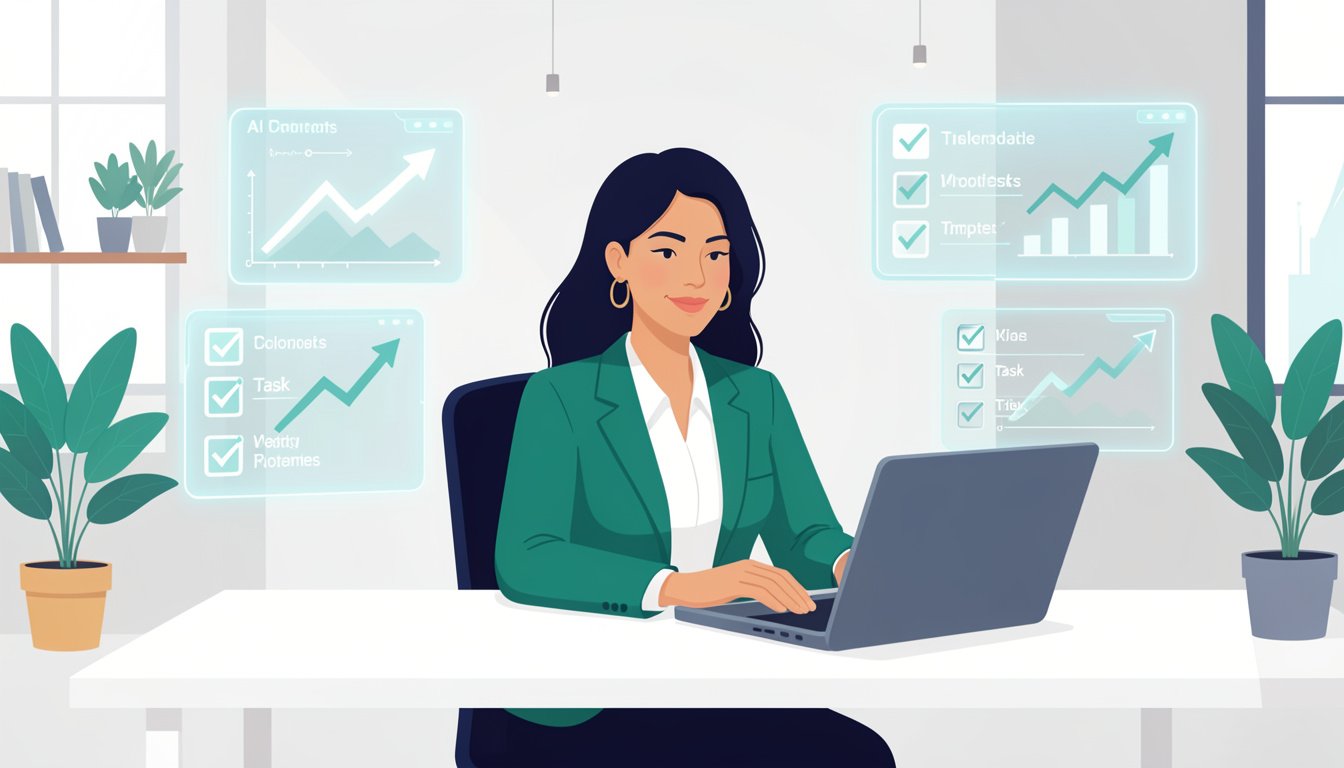A confident professional woman sitting at a modern minimalist desk, surrounded by soft holographic AI interface panels showing graphs trending upward and task checkboxes. She's working on a laptop while multiple tasks complete themselves around her digitally. The aesthetic is clean, tech-forward, slightly futuristic but warm — think teal and navy accents on white. Background shows a small business setting. Style: editorial flat illustration, high resolution, no text.