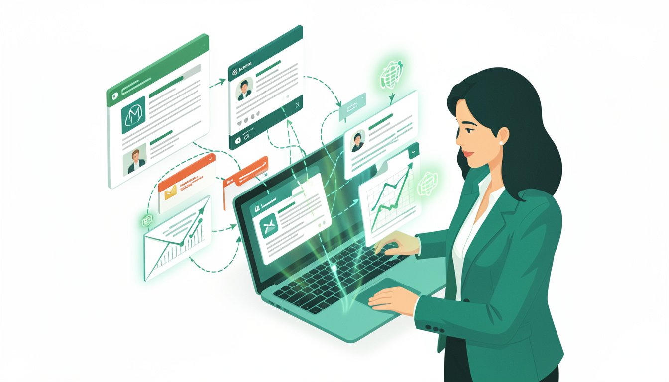 A dynamic editorial illustration showing a content pipeline: blog posts, social media cards, email newsletters, and analytics flowing out of a single laptop operated by a professional VA with subtle AI glowing icons supporting her. Clean and modern, slightly isometric style, green and teal palette on white. No text. High quality flat illustration.