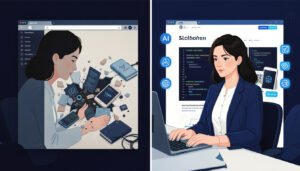 A professional woman remotely editing a website on a split screen — one side shows the messy broken version, the other shows the clean, fast, mobile-friendly result. AI code and optimization icons float gently around her workspace. The mood is focused and competent, not flashy. Color palette: deep navy, white, with electric blue accents. Flat editorial illustration, high resolution, no text.