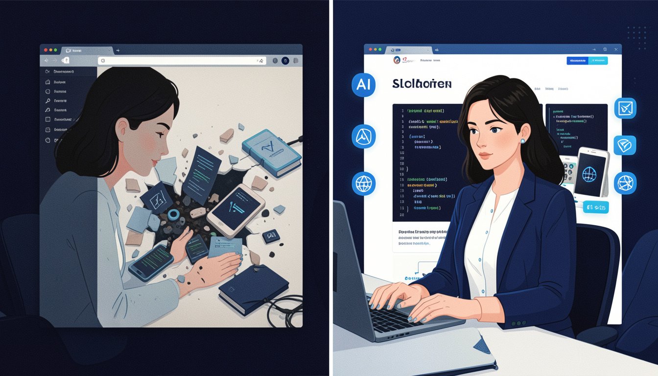 A professional woman remotely editing a website on a split screen — one side shows the messy broken version, the other shows the clean, fast, mobile-friendly result. AI code and optimization icons float gently around her workspace. The mood is focused and competent, not flashy. Color palette: deep navy, white, with electric blue accents. Flat editorial illustration, high resolution, no text.