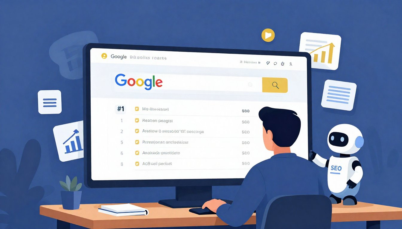 A small business owner looking at a glowing Google search results page on a large screen, with their website listing clearly in position #1. The room is a cozy modern office. Around the screen, floating icons show keywords, upward-trending graphs, and a small AI robot assistant helping tick off SEO tasks. Color palette: deep blue and white with gold accent highlights. Flat illustration editorial style, professional and clean.